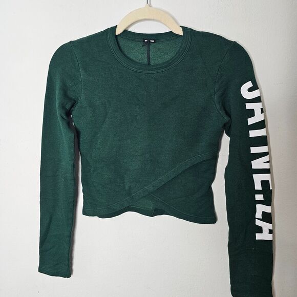 NWOT Monrow Green Faux Wrap Long Sleeve JAYNE.LA Graphic Crop Sweater Small - Picture 1 of 7